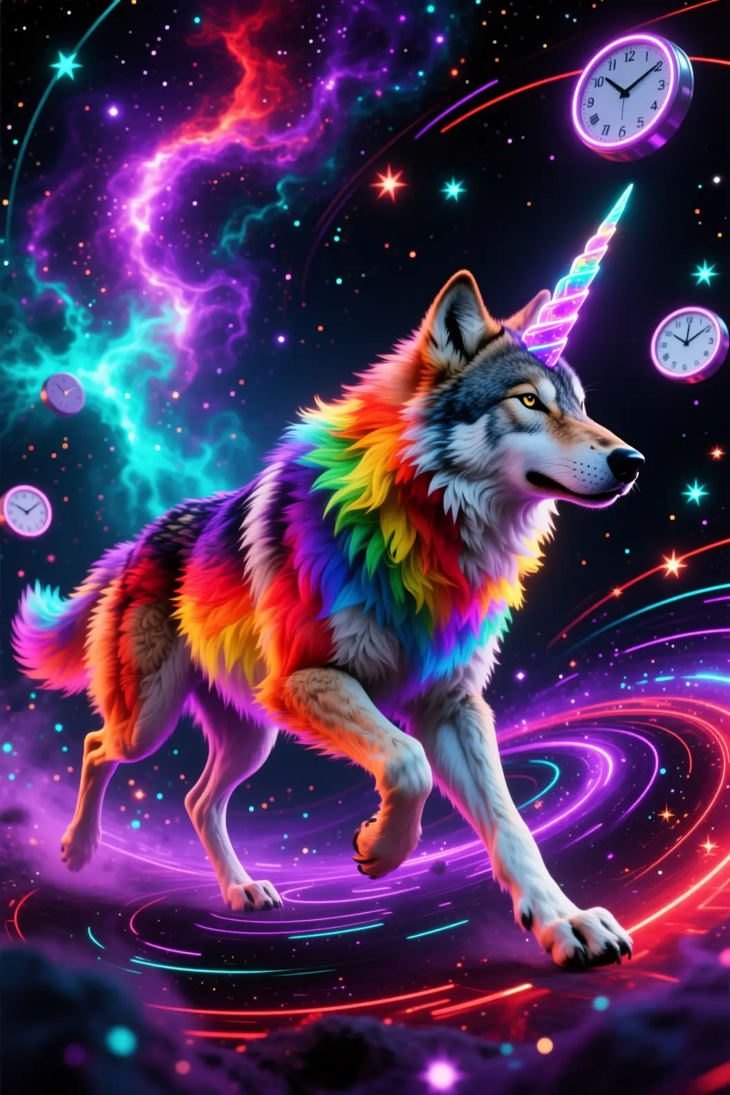 Rainbow horned wolf running through a cosmic galaxy