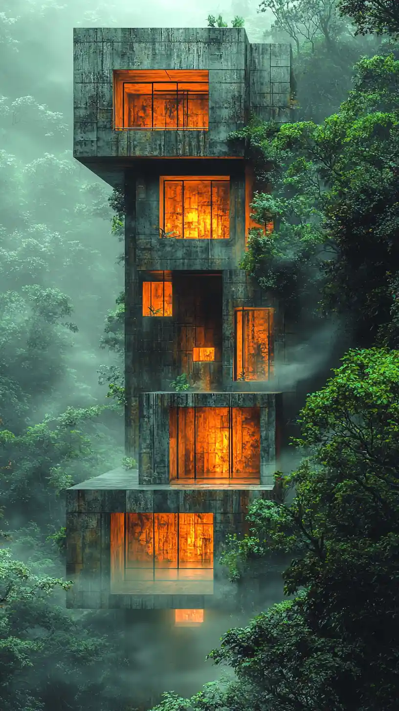Golden geometric structure in misty abstract forest landscape