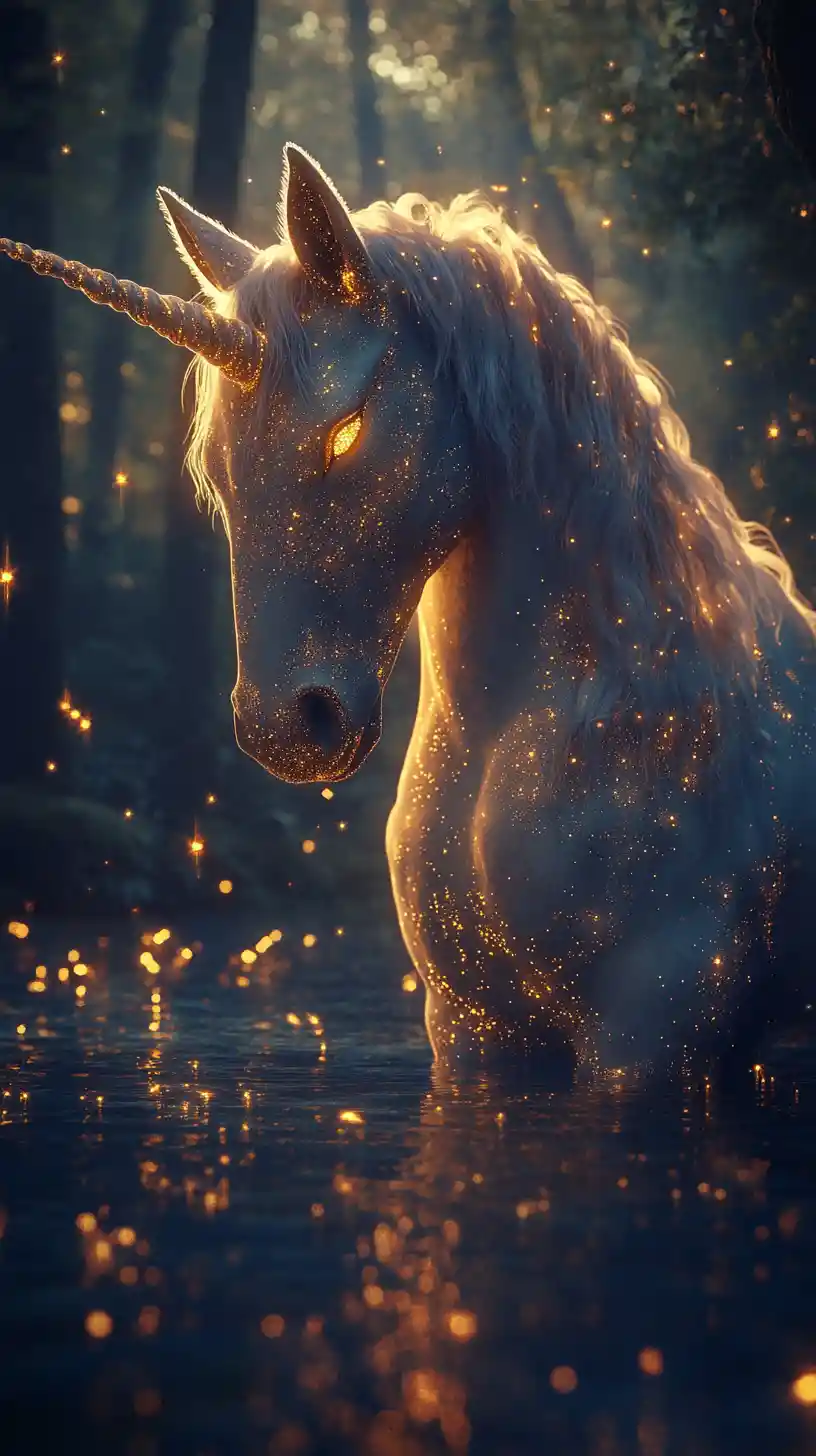 Majestic glowing unicorn by a calm dreamlike river