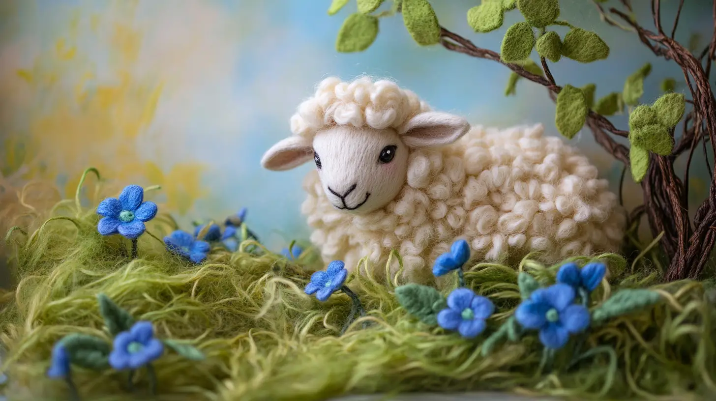 Cute felted sheep on grass with blue flowers
