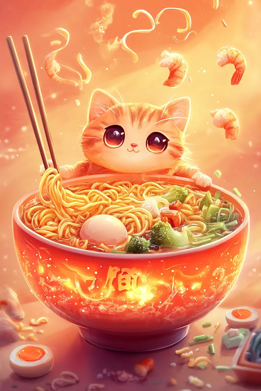 Kawaii tabby cat dreaming over a magical ramen bowl
