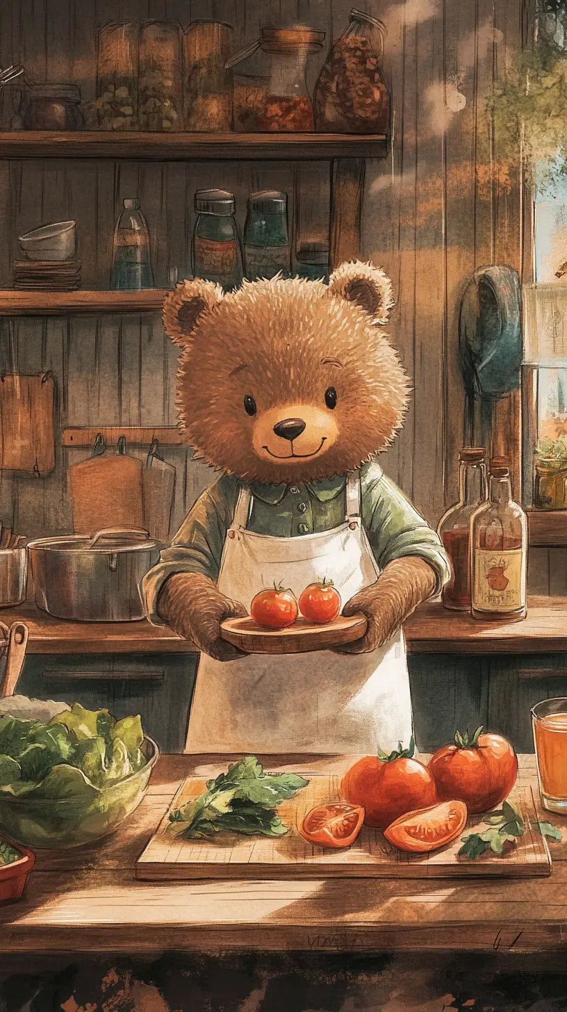 Watercolor bear chef in a warm rustic kitchen