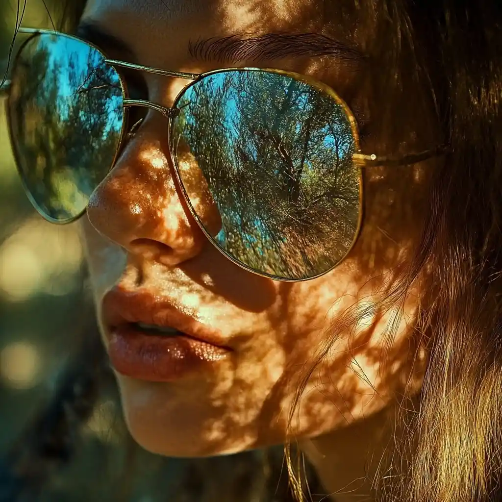 Close up of a woman with mirrored sunglasses and visor