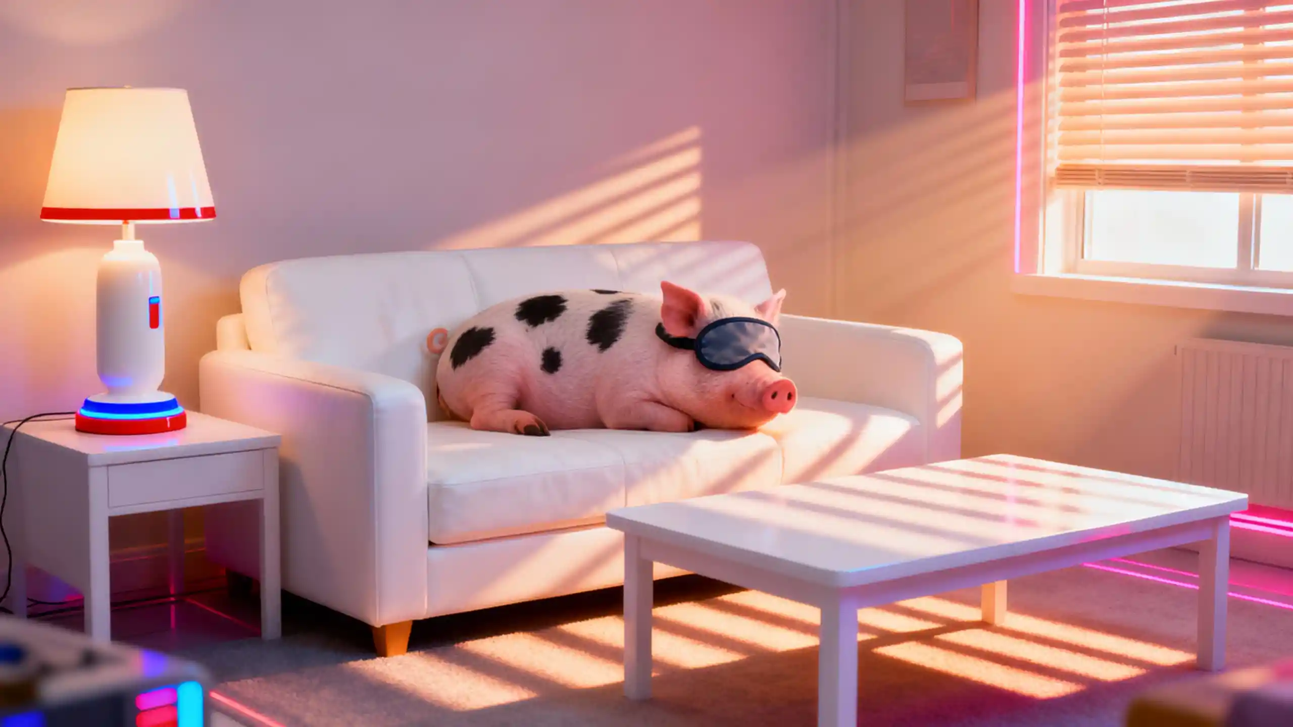 Retro futuristic living room with sleeping pig on sofa