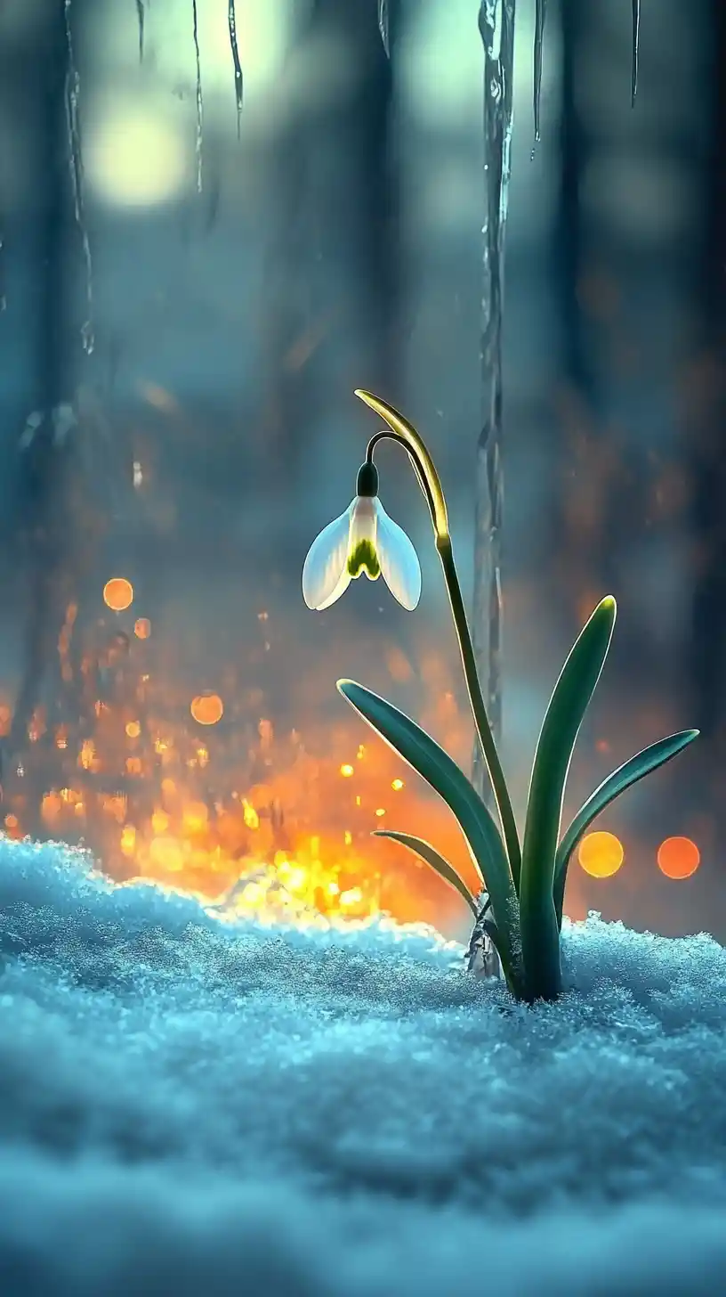 Snowdrop Blooming In The Fading Winter Evening Light