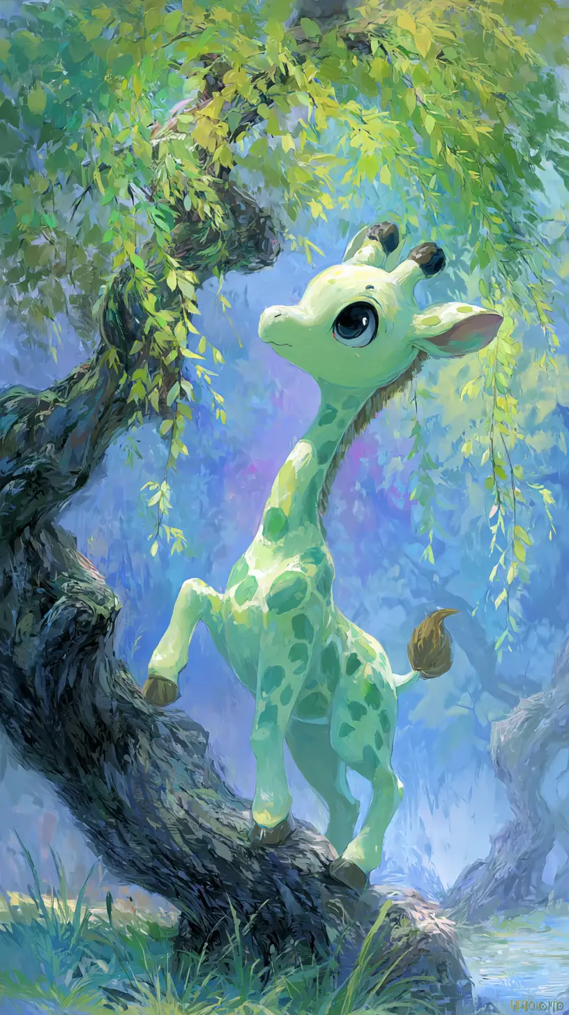 Cute chibi giraffe reaching for leaves in anime style