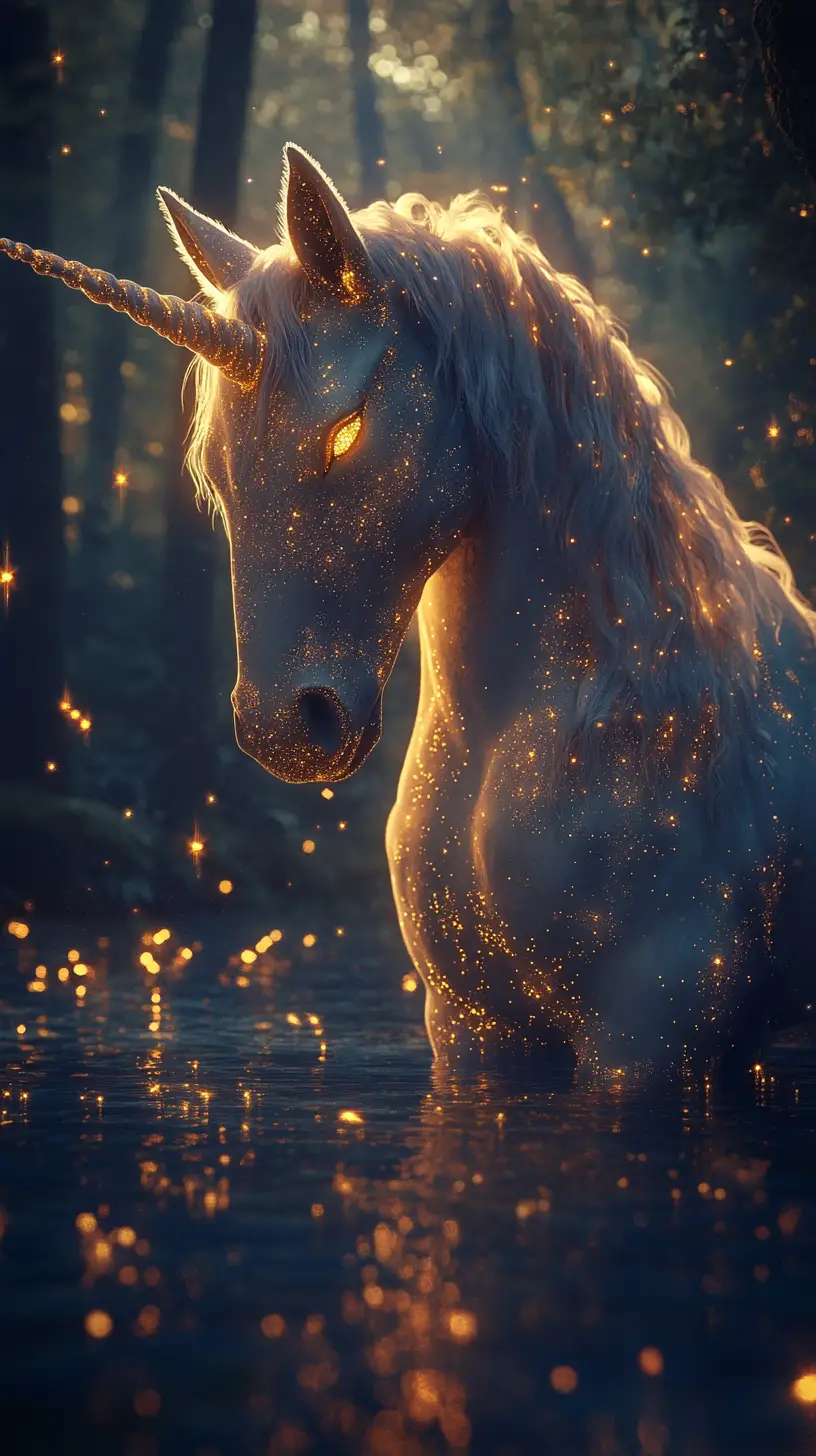 Majestic glowing unicorn by a calm dreamlike river