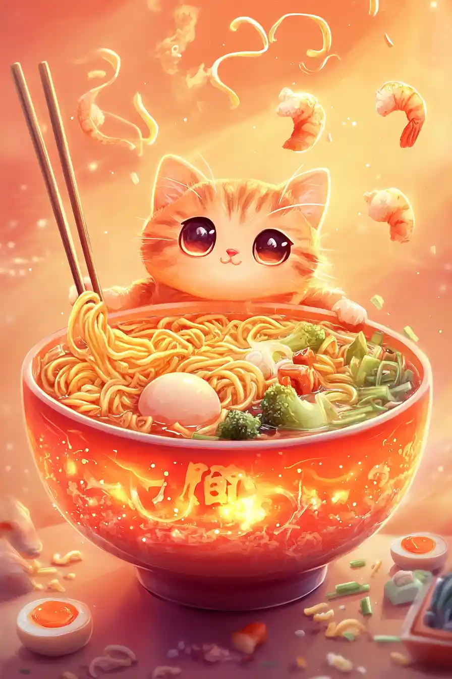 Kawaii tabby cat dreaming over a magical ramen bowl