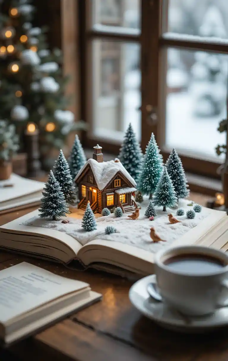 Cozy winter village diorama on an open storybook