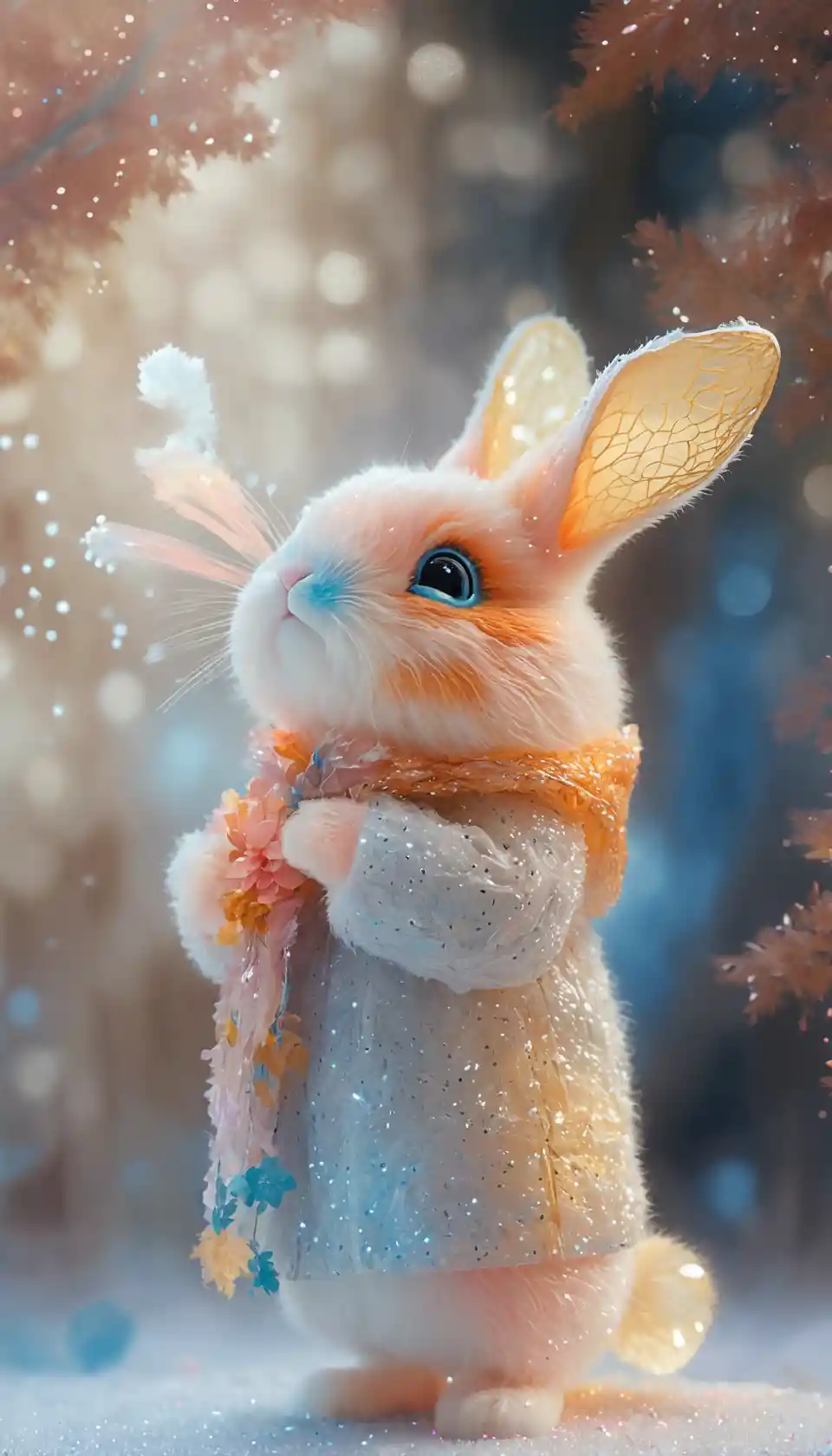 Whimsical rabbit holding cloud candy in magical forest