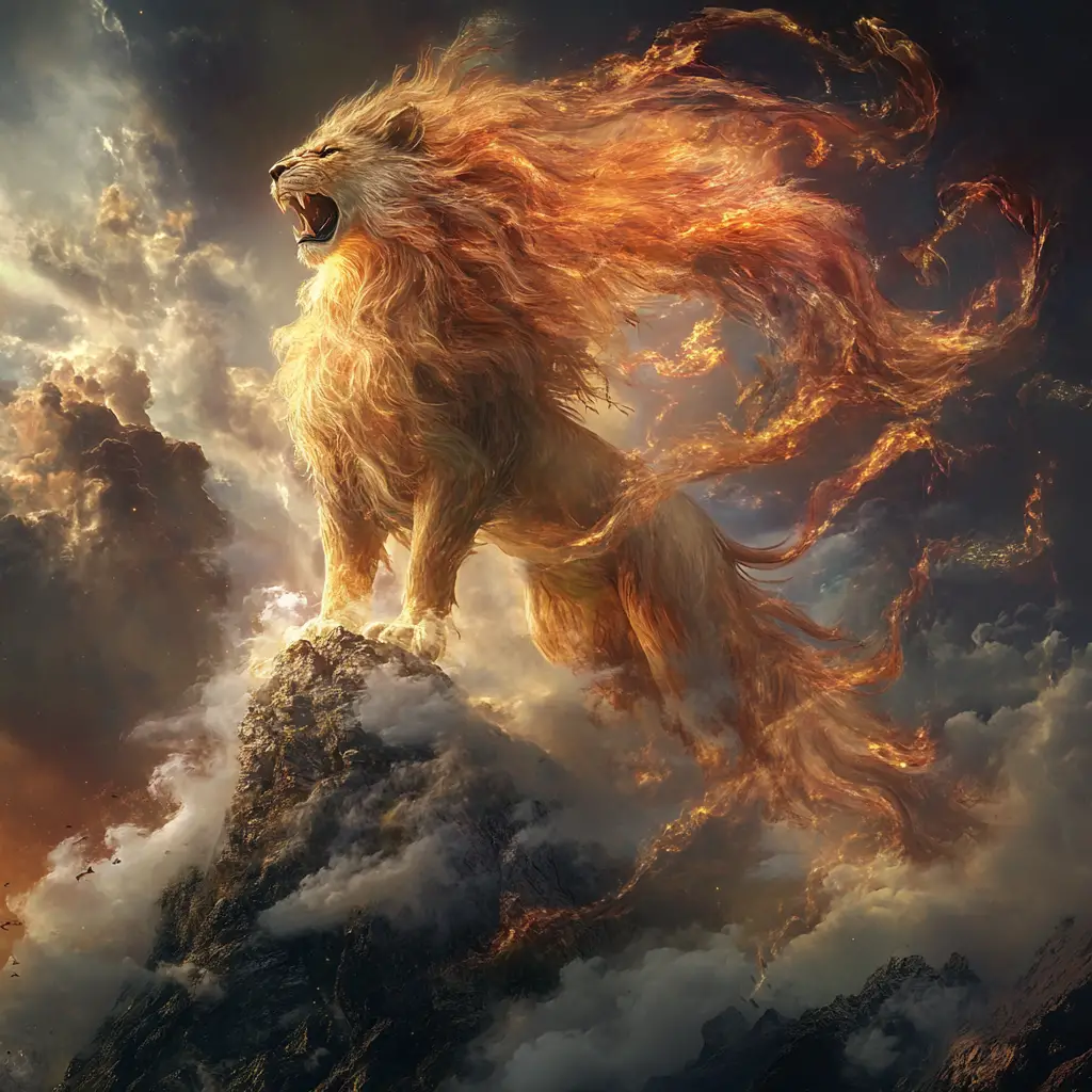 Majestic chimera on misty mountain amid mystical energies