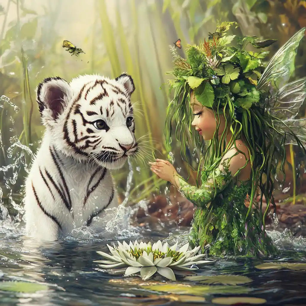 White tiger cub and water fairy playing in jungle pond