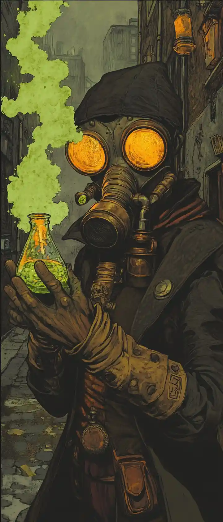 Rogue alchemist woman brewing glowing potions in alley
