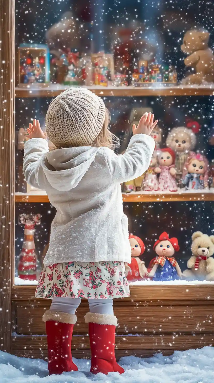 Little girl watching toys in a snowy shop window
