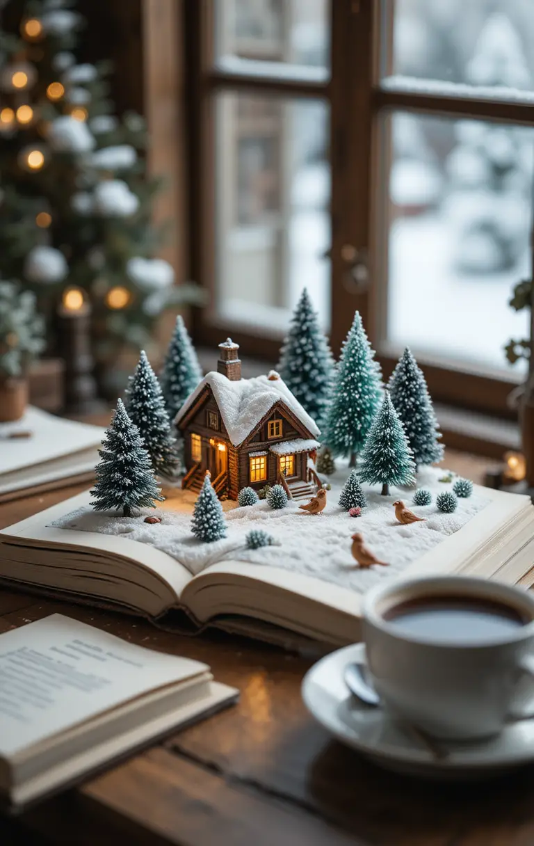 Cozy winter village diorama on an open storybook
