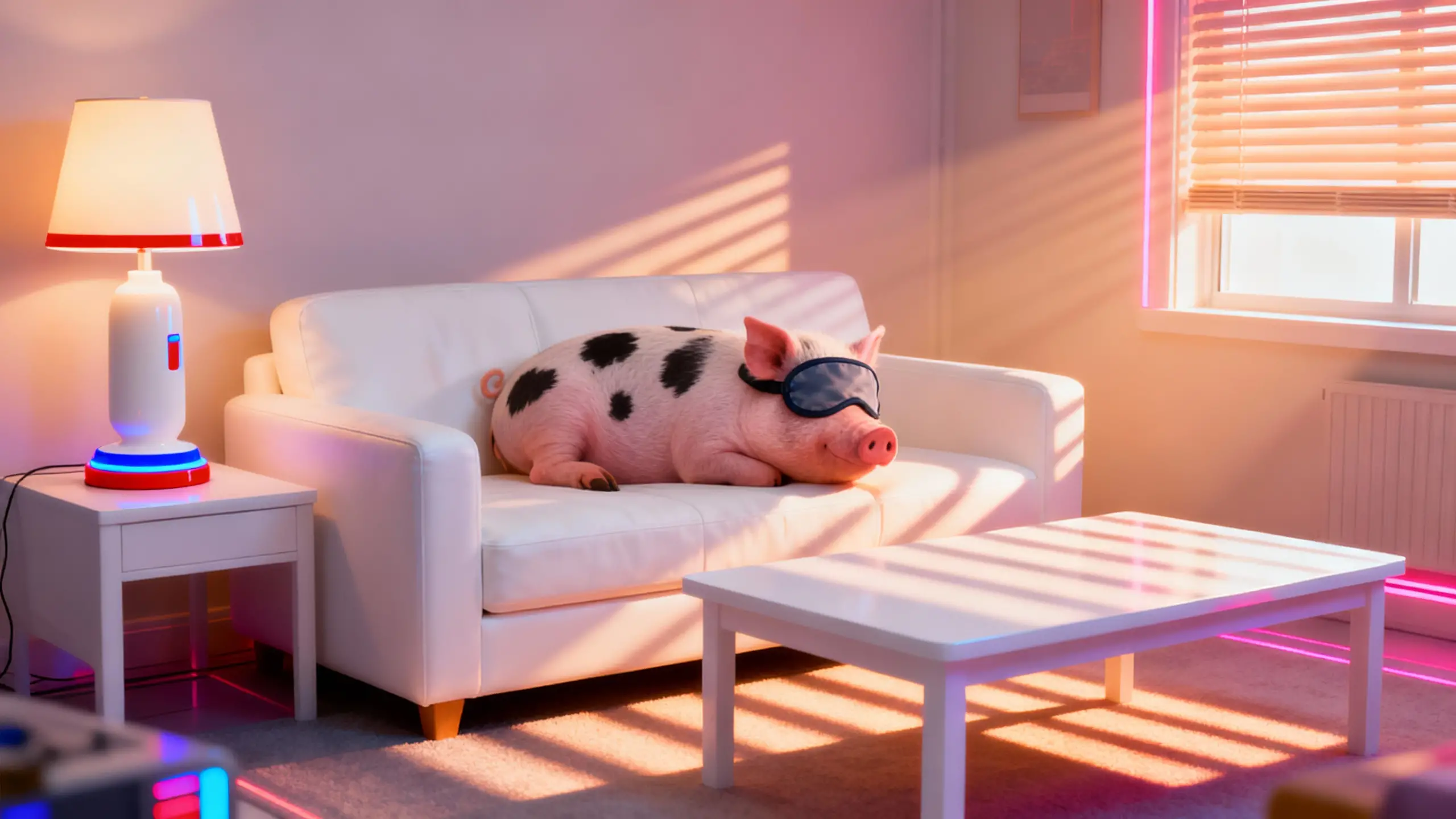 Retro futuristic living room with sleeping pig on sofa