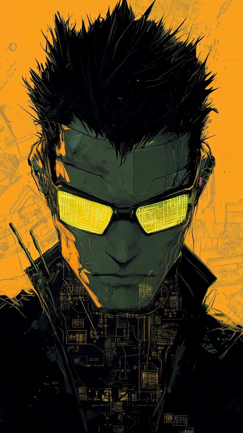 Cyberpunk hacker portrait with neon glasses and shadows