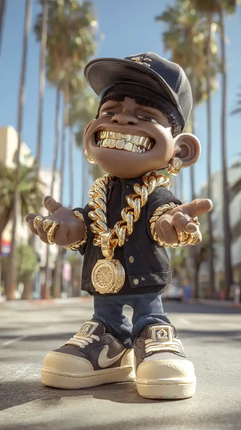 Personagem de hip hop em estilo cartoon sorrindo em uma rua ensolarada da cidade