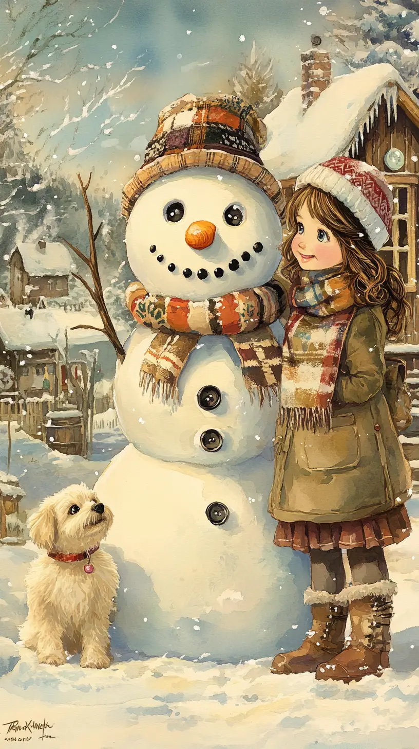 雪の村で犬と一緒の少女と雪だるまの水彩画