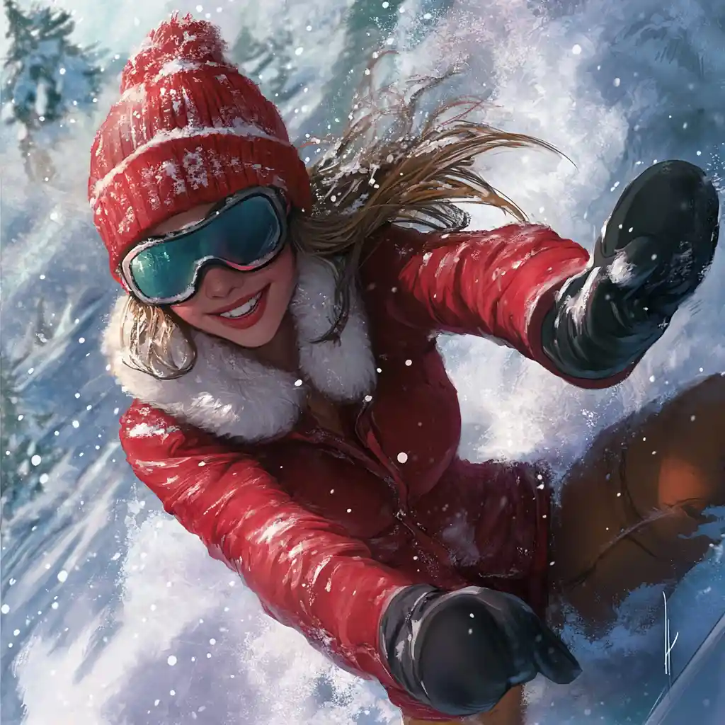 Young woman skiing in red suit at snowy resort