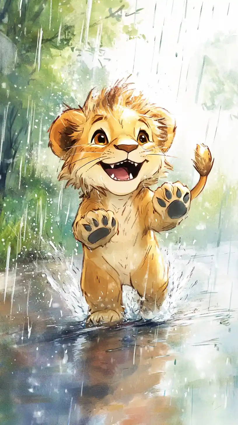 Playful baby lion shaking off rain on a wet porch