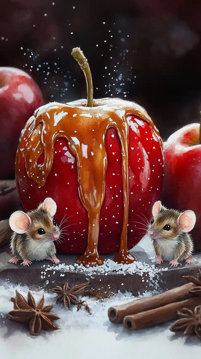 Watercolor close up of a red caramel candy apple