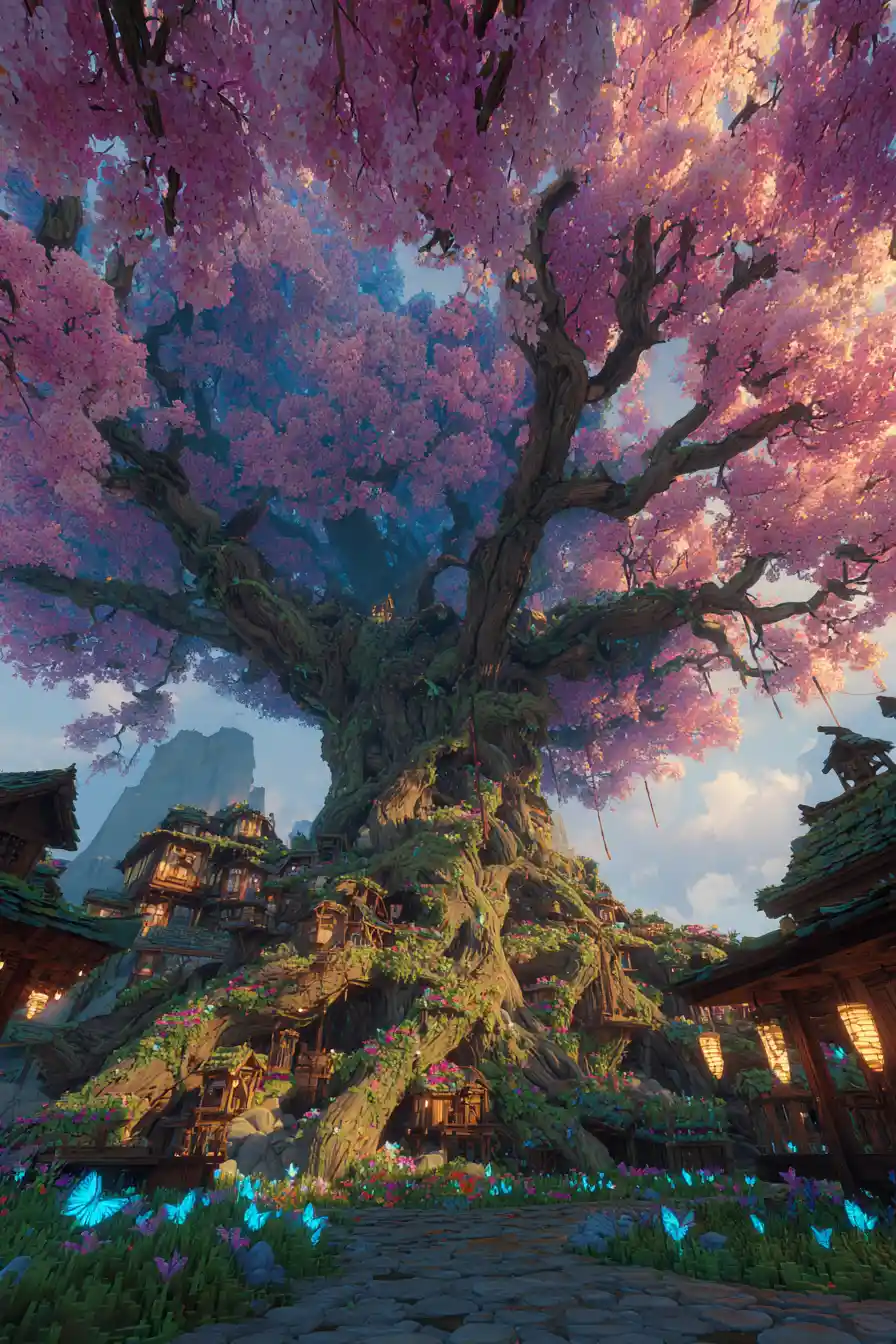 Gigantic world tree village under a glowing sunset sky