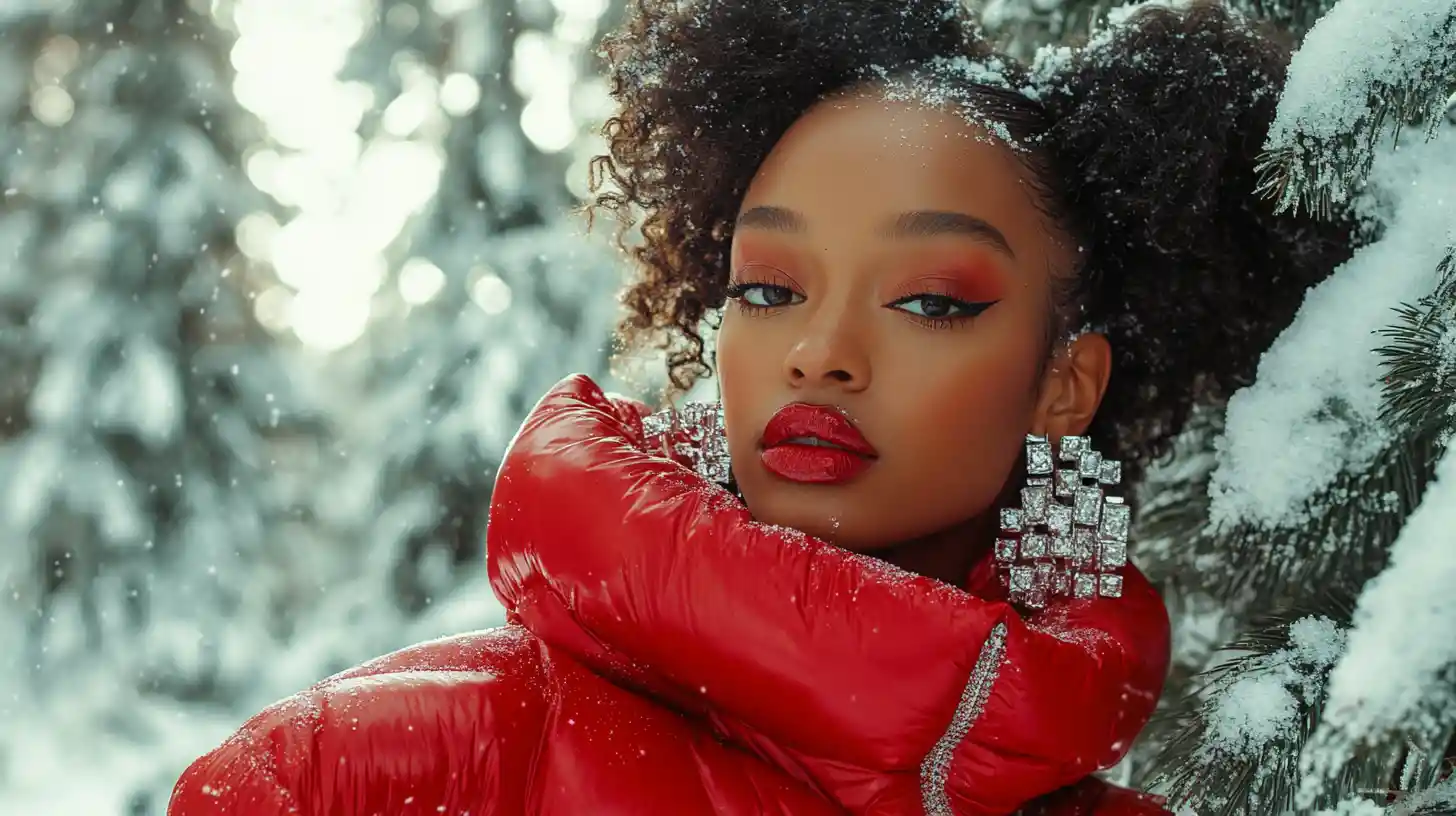 Black fashion model in red puffer gown in snowy forest