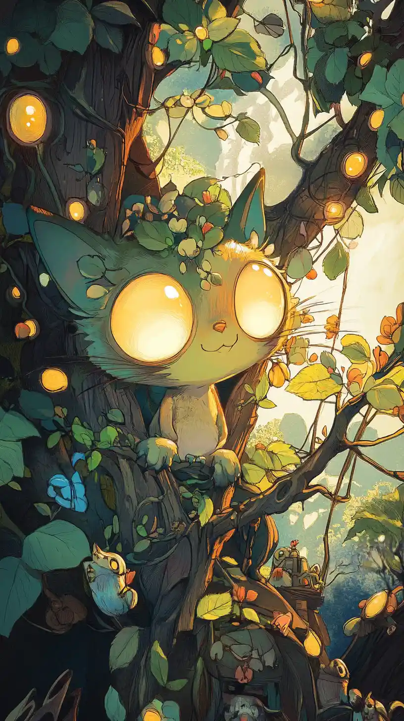 Cute cartoon bird on a blossoming flower street