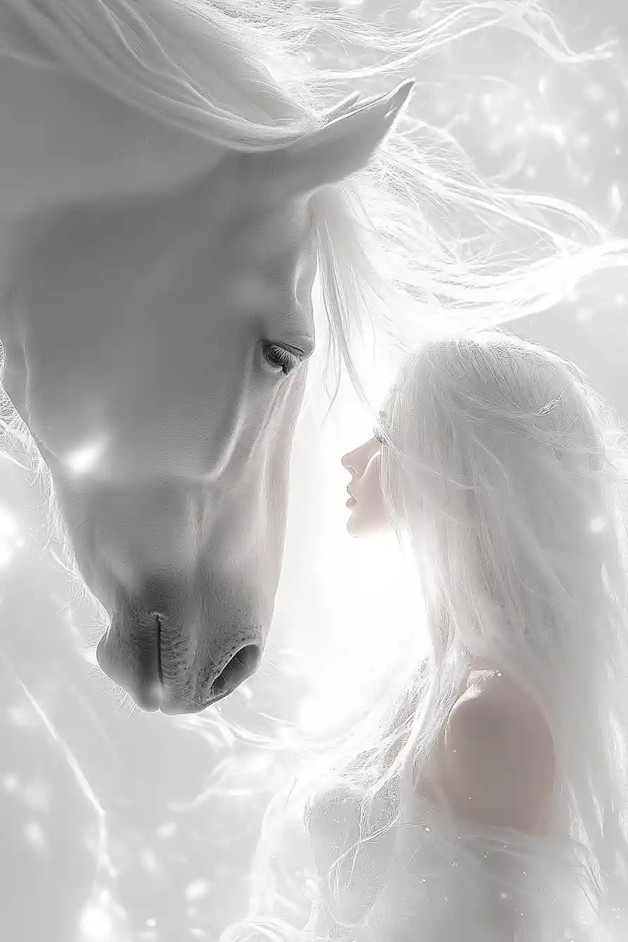 Ethereal woman and white stallion in radiant harmony