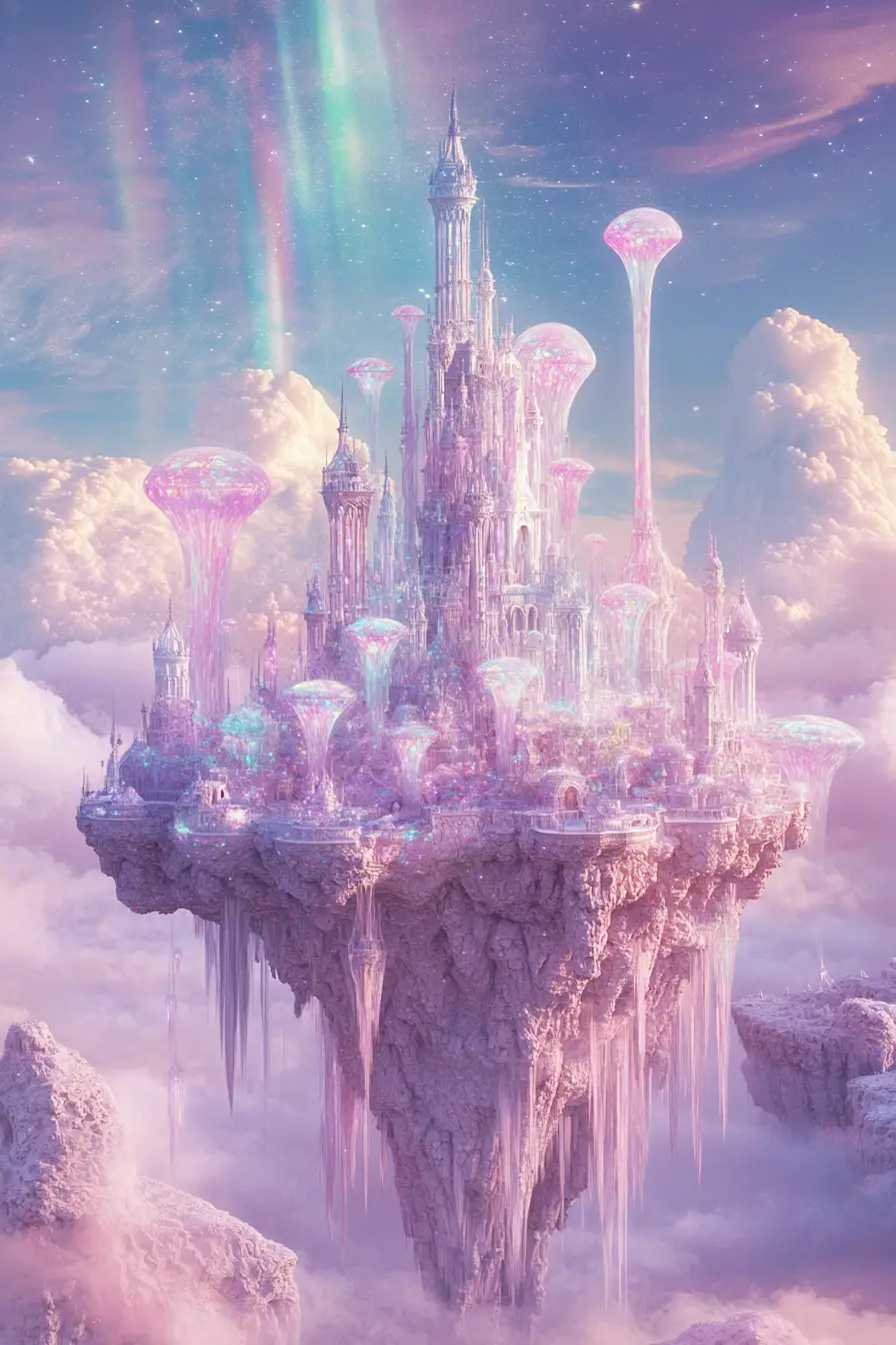 Majestic Floating Opal Castle In A Celestial Sky