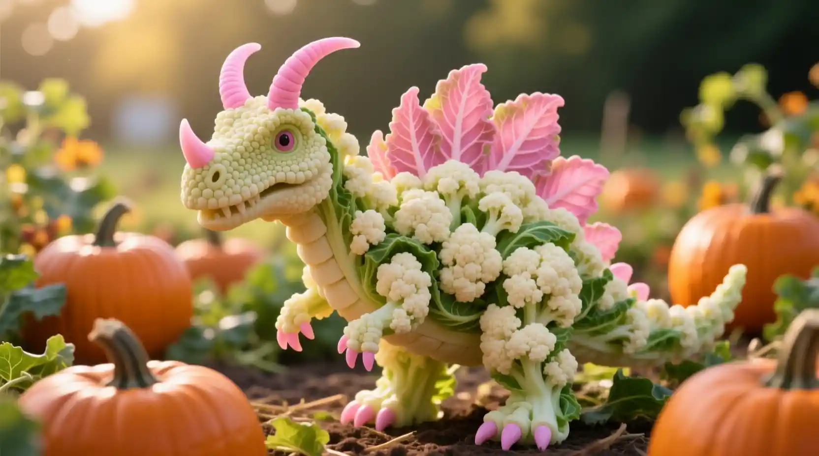 Macro cauliflower dinosaur sculpture in a sunny pumpkin patch