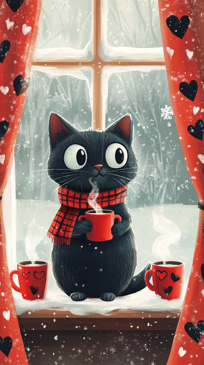 Black Cat With Mug On Cozy Winter Windowsill