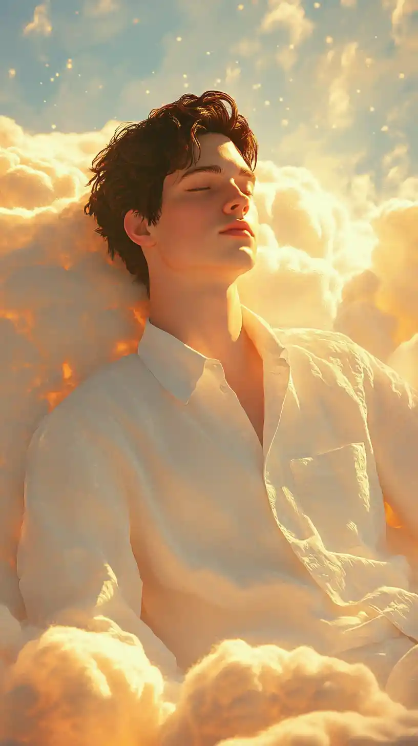 Young man resting on glowing clouds in golden sunlight