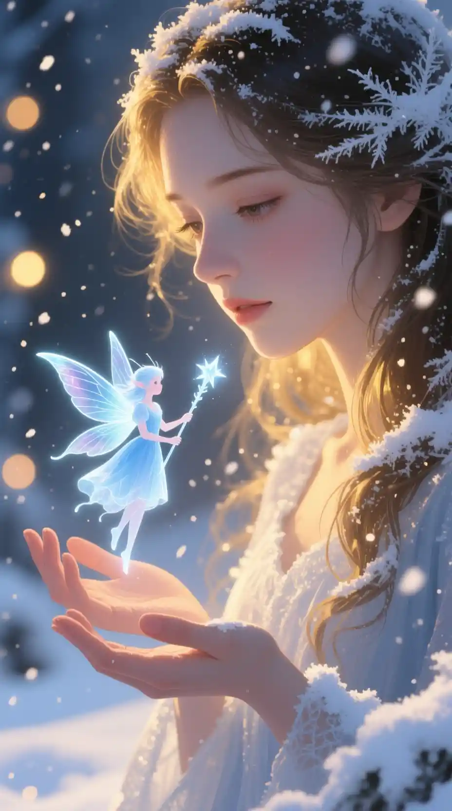 Mysterious girl with tiny ice fairy in snowy portrait