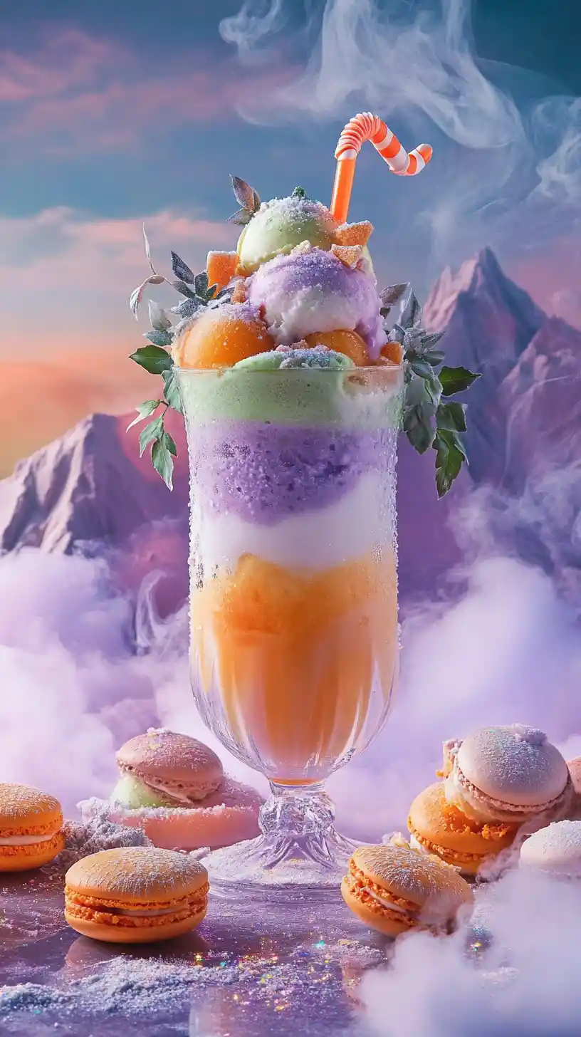 Magisches Winterdessert im Glas vor fernen Bergen