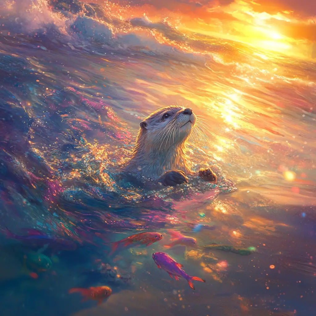 Playful otter at tranquil beach during golden hour