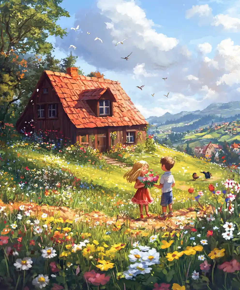 Sunlit countryside with children holding flowers by a cottage