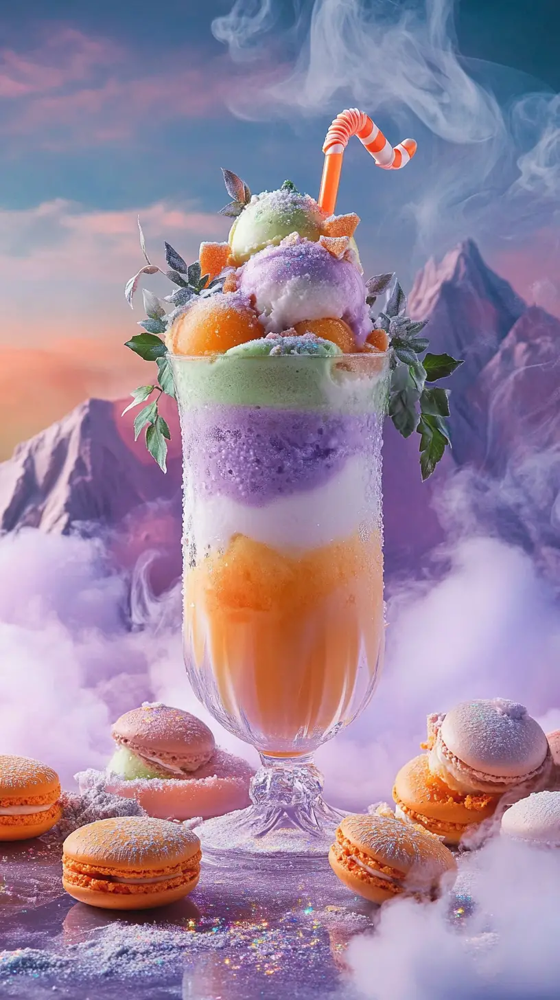 Magical winter dessert glass before distant mountains