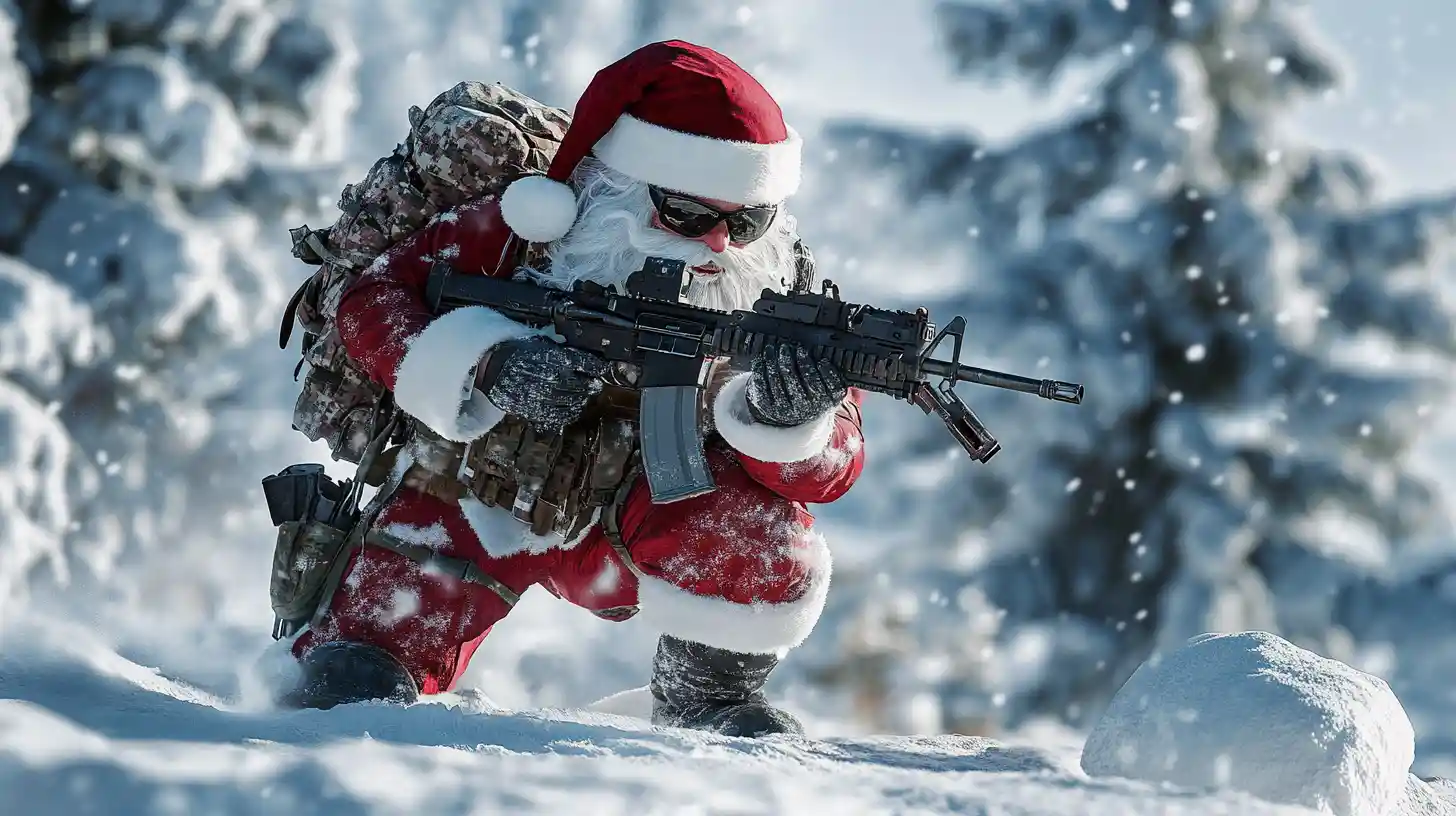 Armed Santa Soldier In Snowy Fantasy Landscape