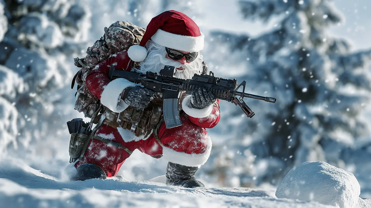 Armed Santa Soldier In Snowy Fantasy Landscape