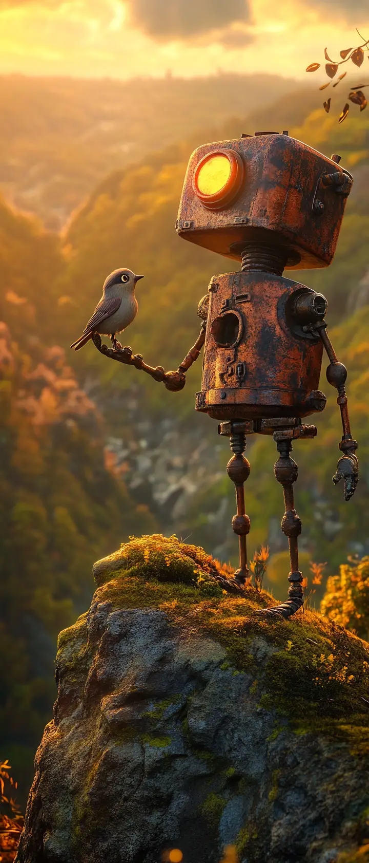 Steampunk robot cradling a sparrow on a mossy cliff