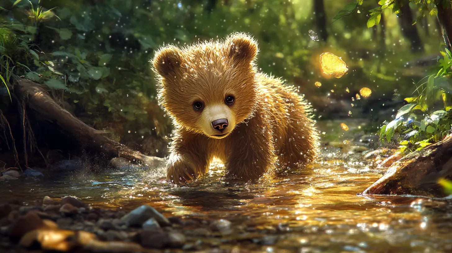 Playful bear cub splashing in a sunny forest stream