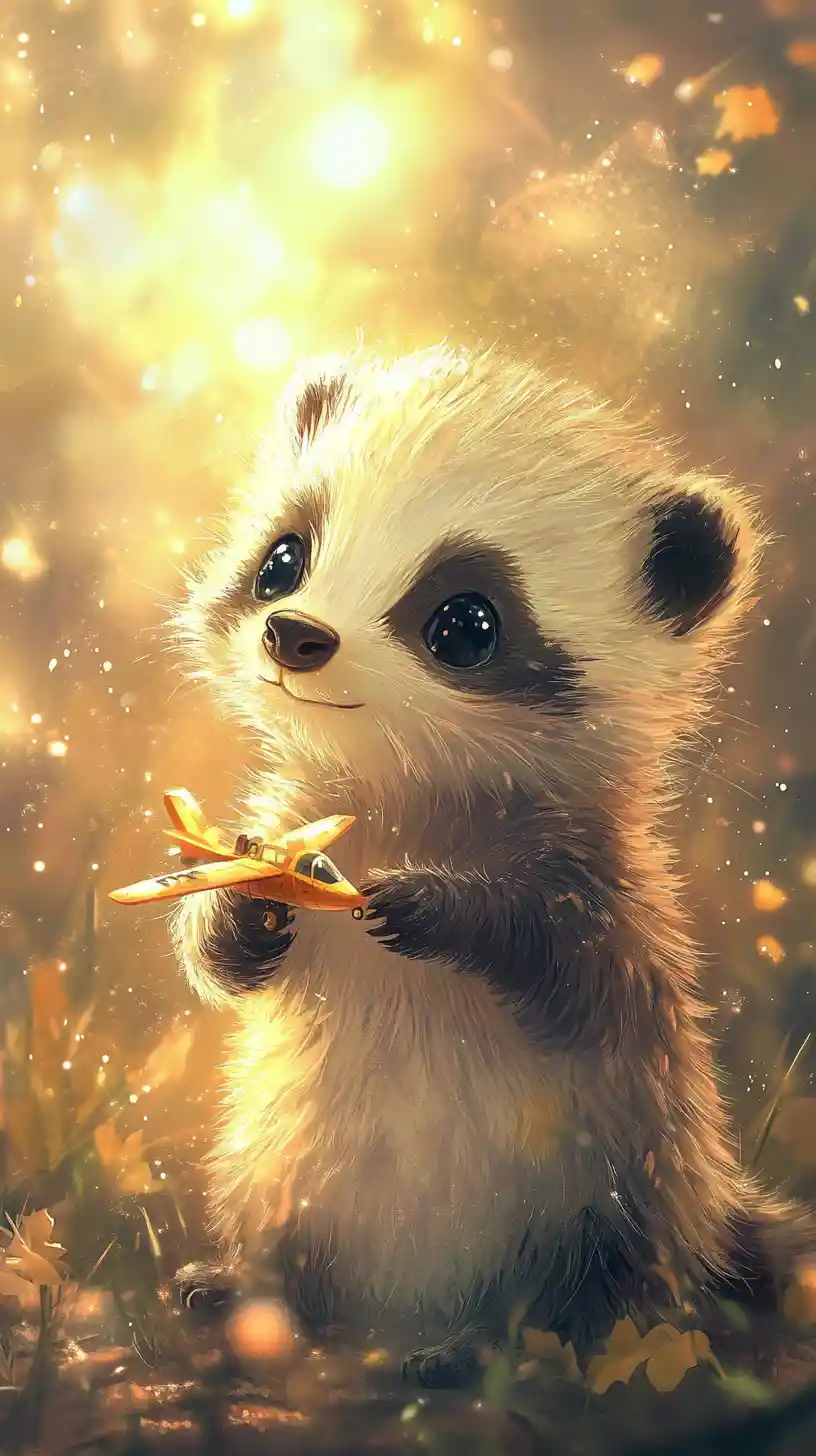 Cute badger cub with toy airplane in dreamy sunlight