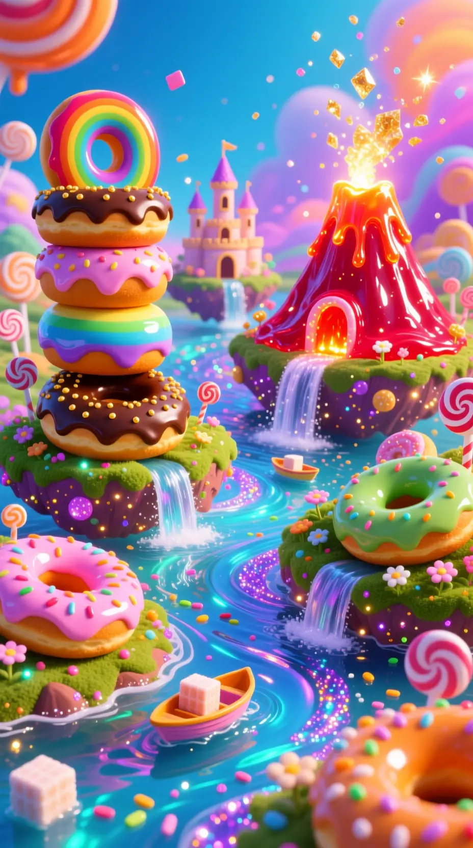 Magical Candy River Flowing Through Floating Donut Islands