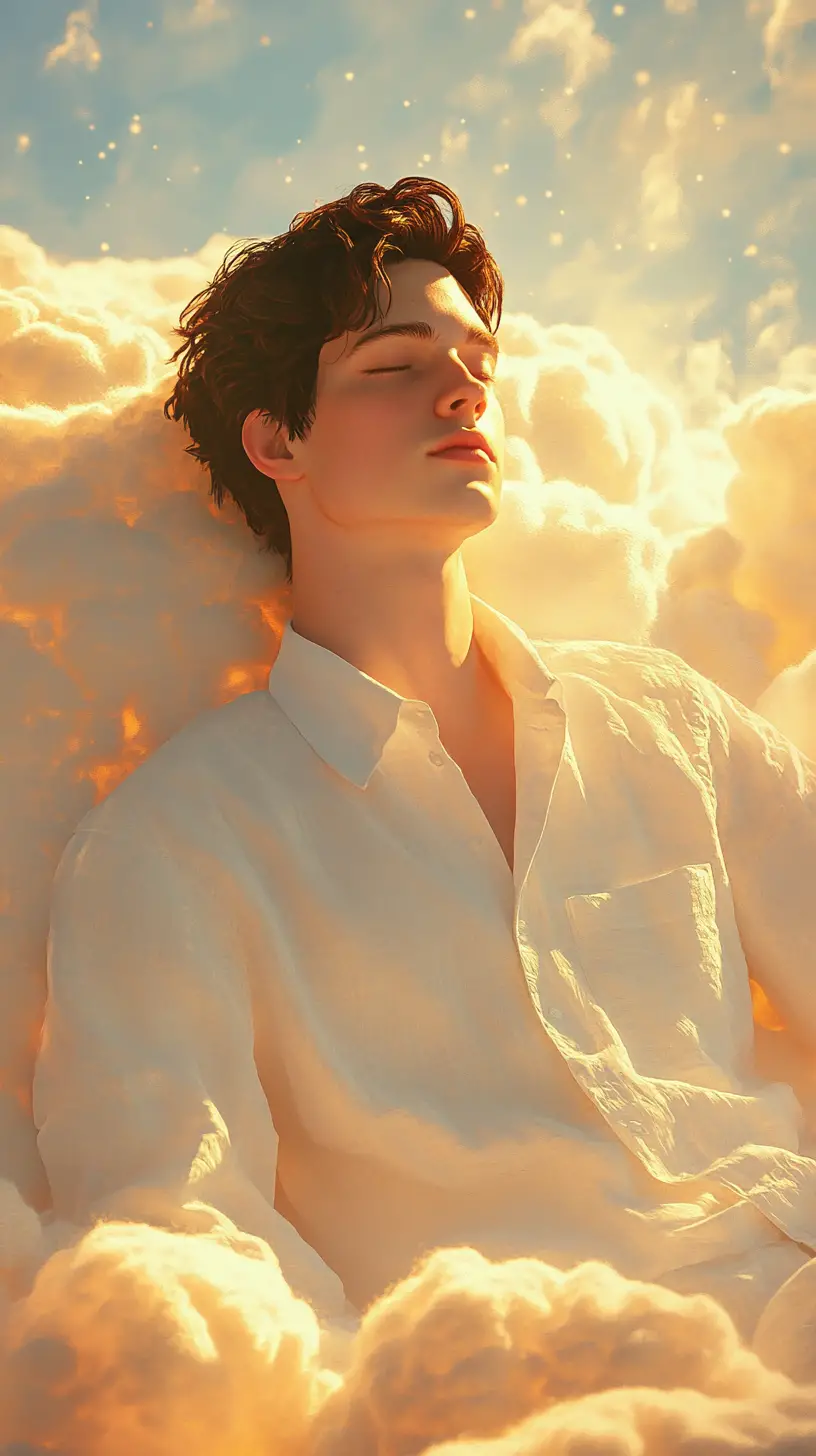 Young man resting on glowing clouds in golden sunlight