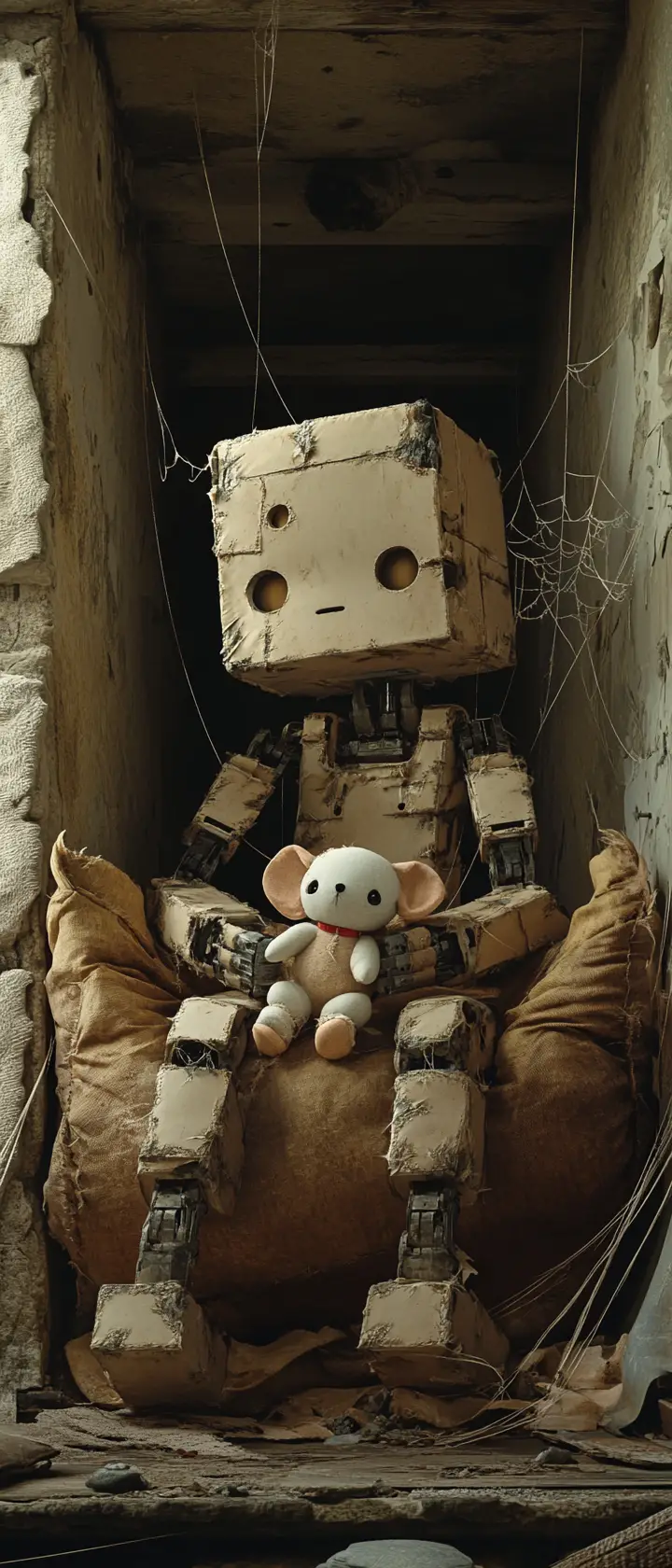 Patchwork robot holding toy mouse in lonely attic