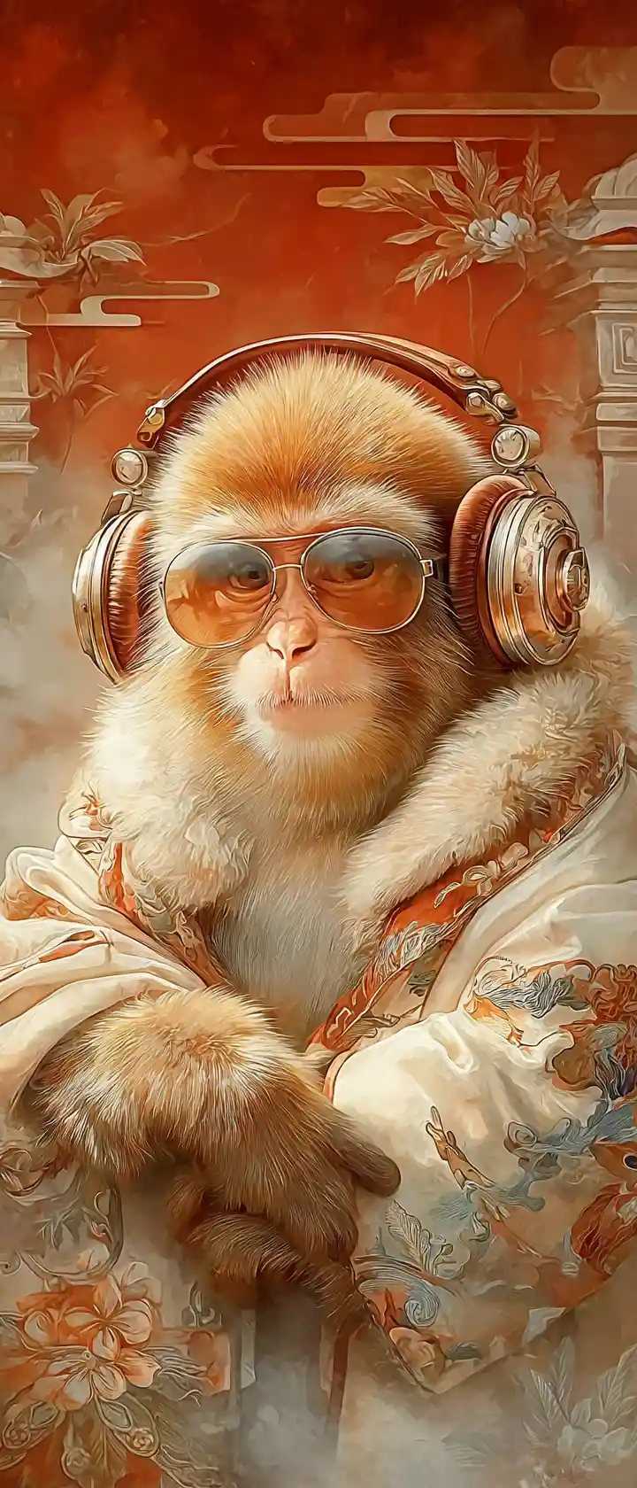 Surreal monkey portrait with bold minimalist red background