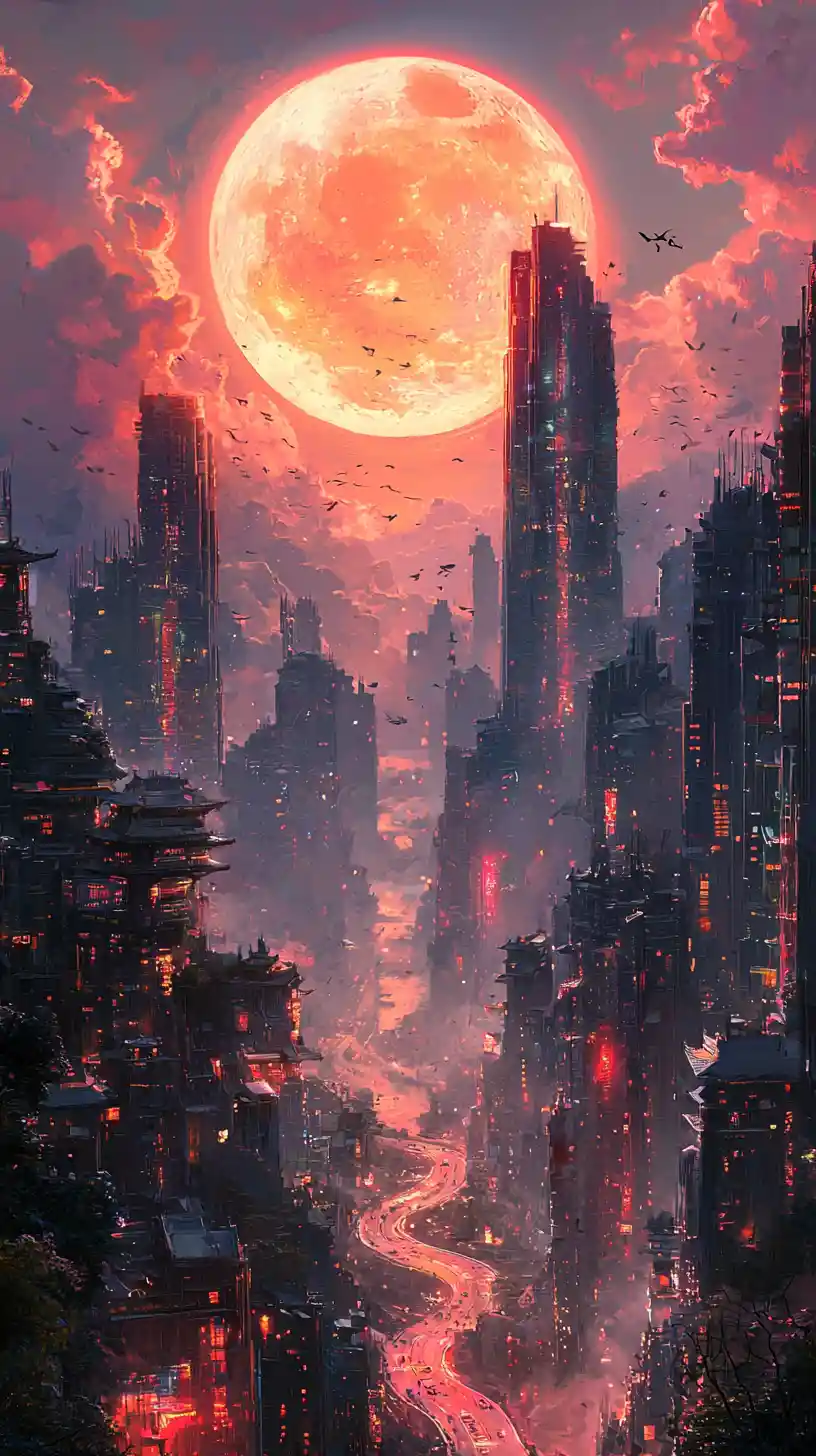 Futuristic Dystopian City With Neon Skyscrapers And Sun