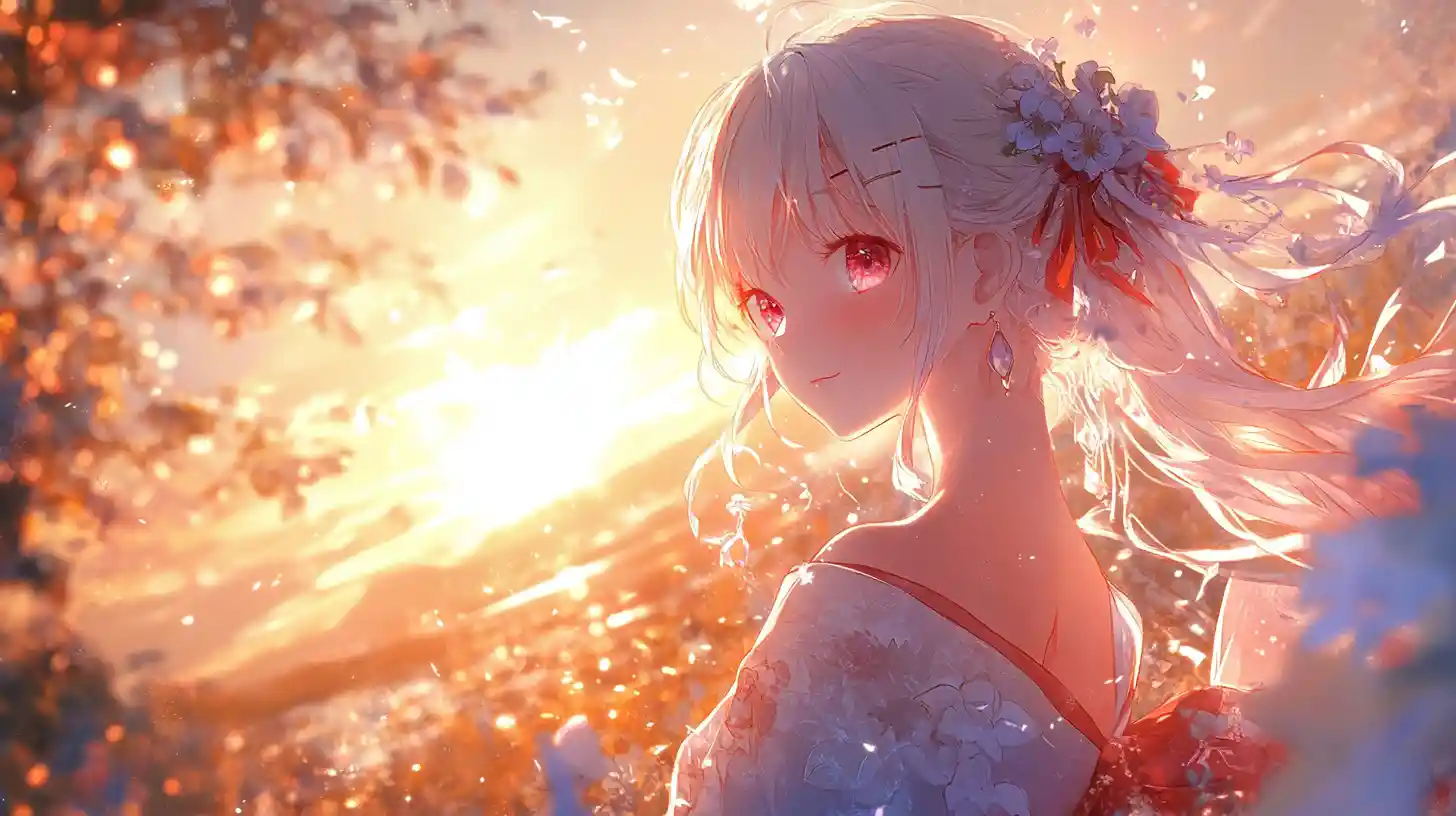 Serene anime girl in a flowing summer gown at sunset
